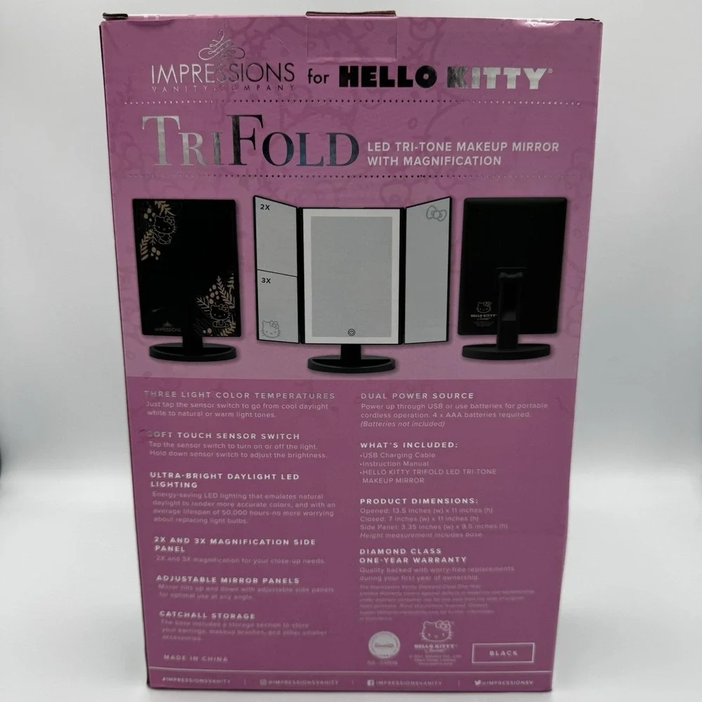 Hello Kitty Tri-Fold LED Tri-Tone Makeup Mirror with Magnification - Great Cond!